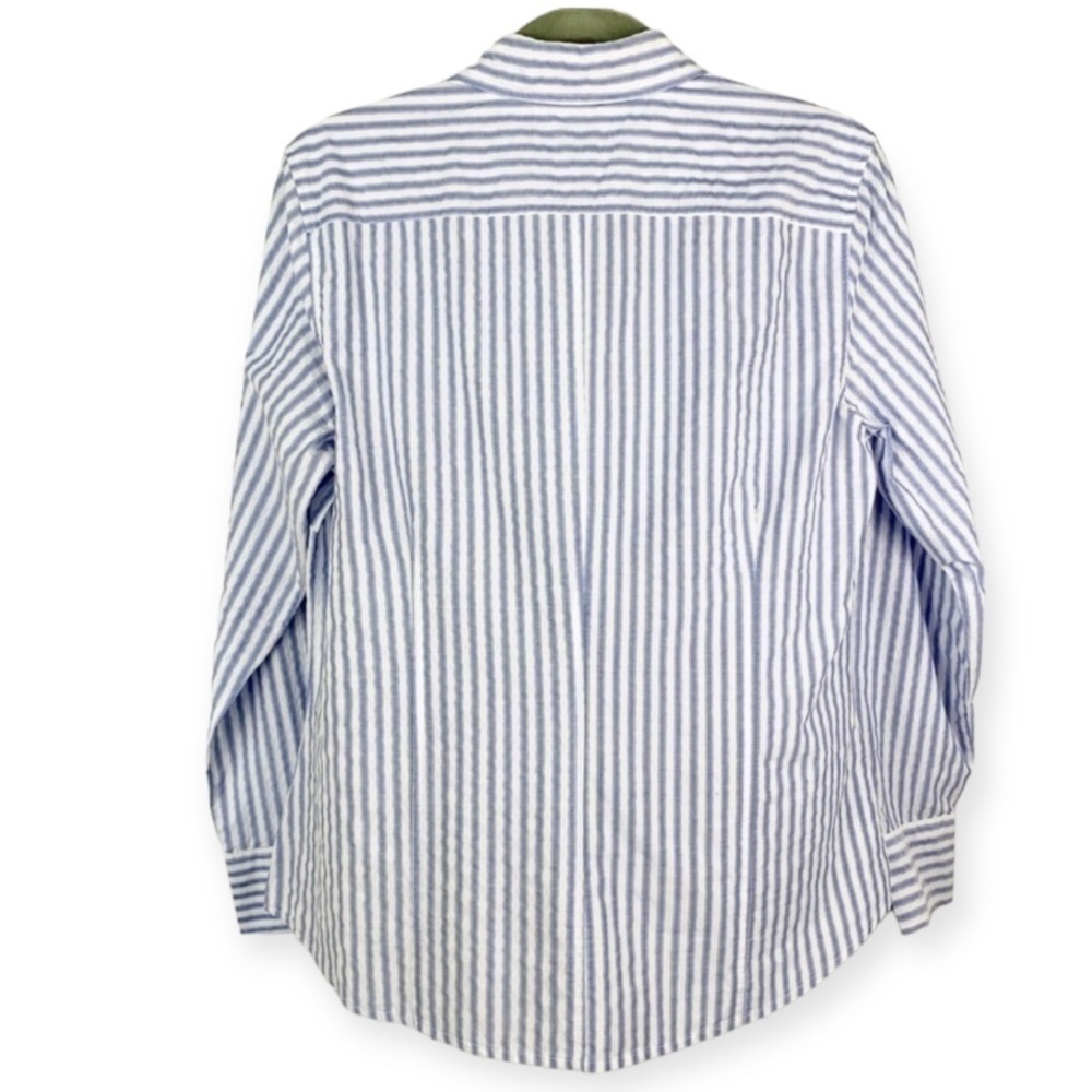 𝅺Chico’s Ladybird Stripe Ellsbury Shirt Button Down White Blue Medium Academia - Picture 2 of 8